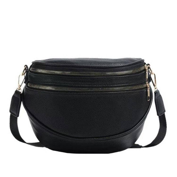 Sabrina Double Zip Leather Crescent Sling | Black, Cognac & Bone