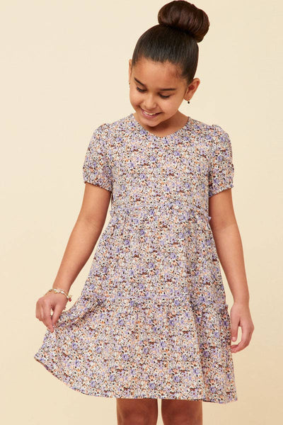 Girls Lavender Ditsy Floral Tiered Puff Sleeve Dress