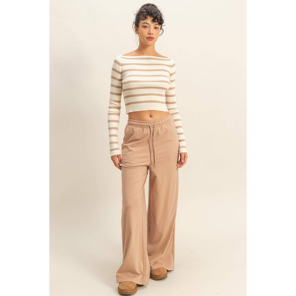 Helena Striped Boatneck Long-Sleeve Crop Knit Top