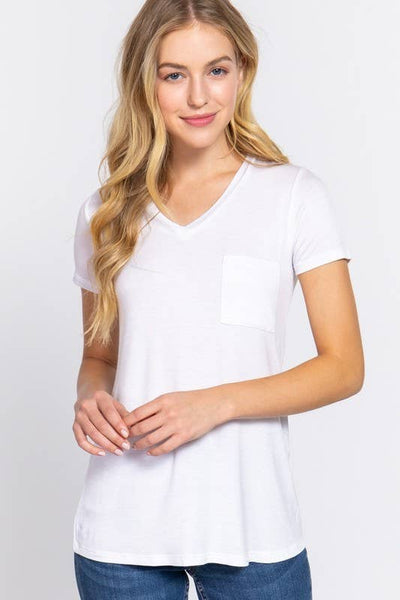 Basic Short Sleeve V-neck Top | White