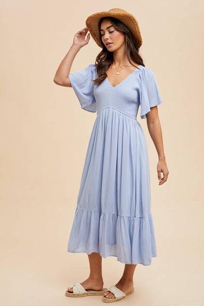 Loom Smocked Flutter Sleeve Dress | Blue