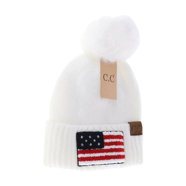 C.C | USA Chenille Patch Faux Fur Pom Beanie