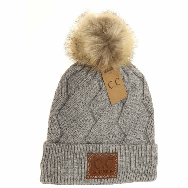 C.C | Geometric Knit Faux Fur Pom Beanie Grey