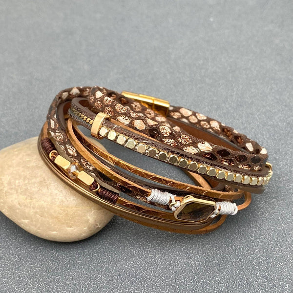 Crystal Charm Snakeskin Multi-Layer Leather Bracelet