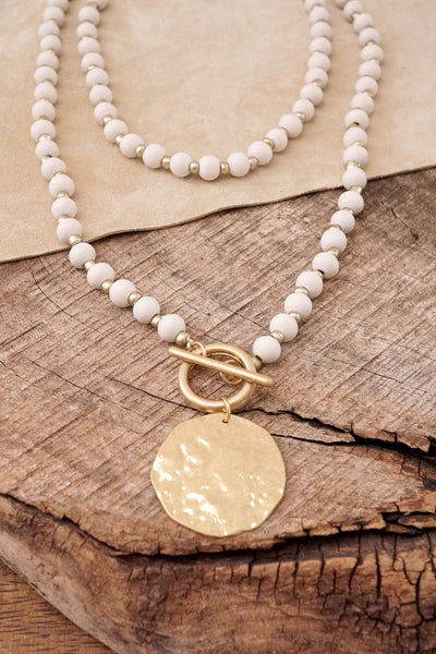 Coin Pendant Wooden Beads Necklace | Cream or Grey