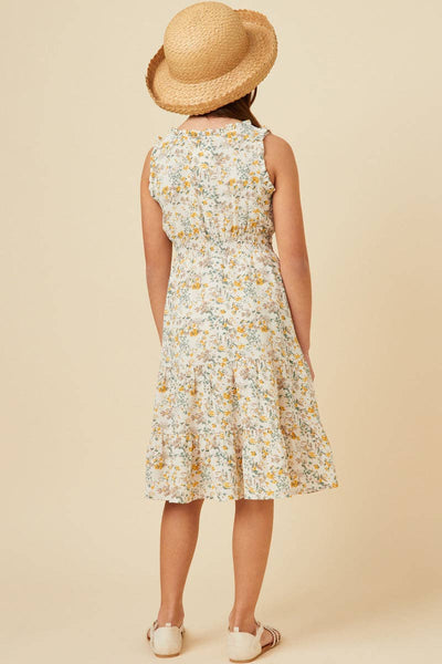 Girls Antique Floral Smocked Waist Tank Midi Dress