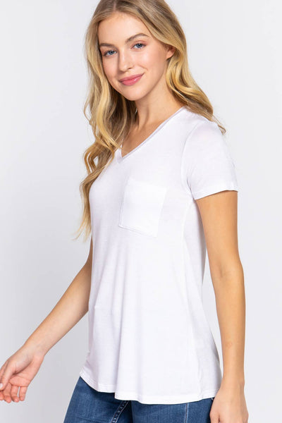 Basic Short Sleeve V-neck Top | White