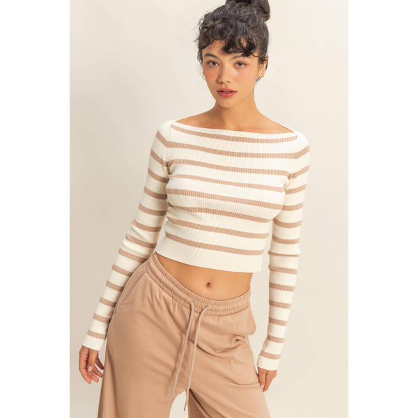 Helena Striped Boatneck Long-Sleeve Crop Knit Top