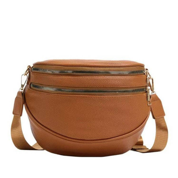 Sabrina Double Zip Leather Crescent Sling | Black, Cognac & Bone