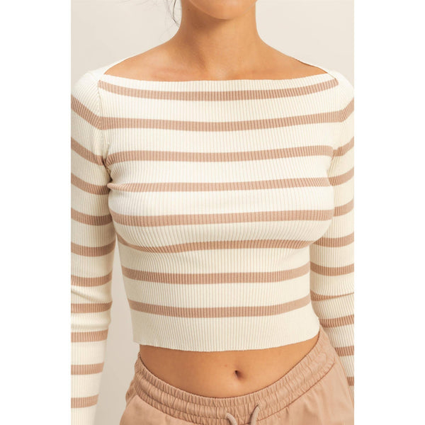 Helena Striped Boatneck Long-Sleeve Crop Knit Top