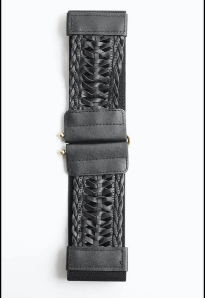 Leather Look Braid Elastic Belt - Black & Camel